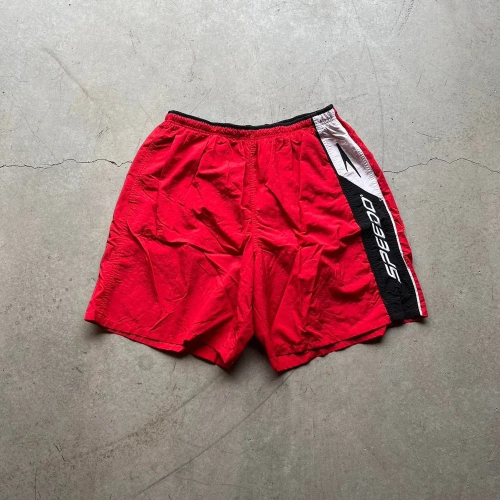 Vintage Speedo Mens Swim Shorts Red Black White Mesh Lined Trunks XL 32 Waist